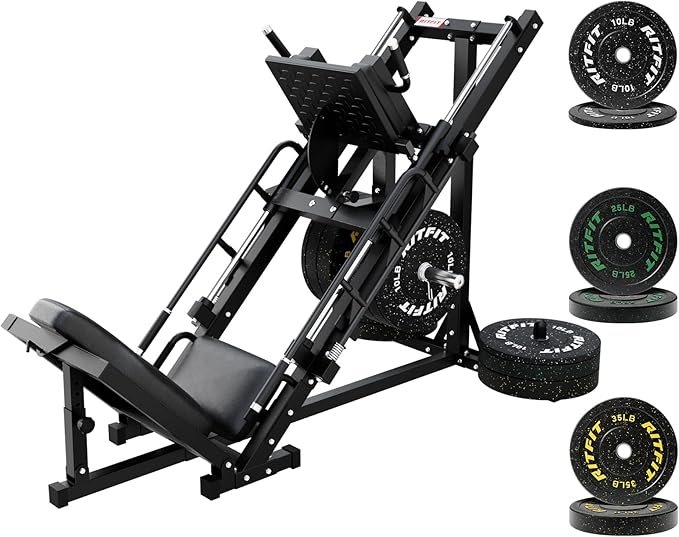 RitFit Adjustable Leg Press and Hack Squat Machine with Weight Plate Set, Professional Home Gym Equipment with Linear Bearings, Specialized for Complete Lower Body Workouts and Weight Storage Posts