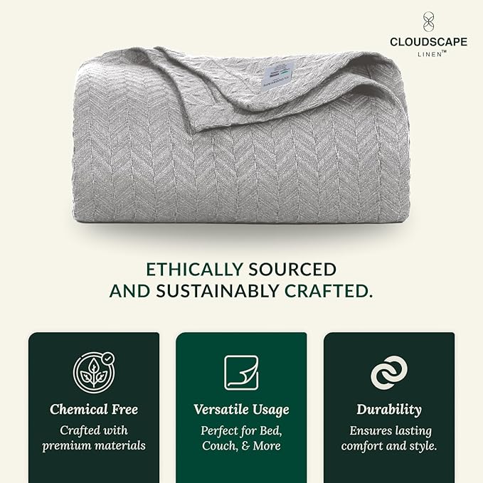 Cloud Scape Linen 100% Cotton Queen Size Blanket, Herringbone Pattern, Lightweight Summer Blanket,Best Gifts for Women, fits Full Size Bed, 92 x 92, Light Grey