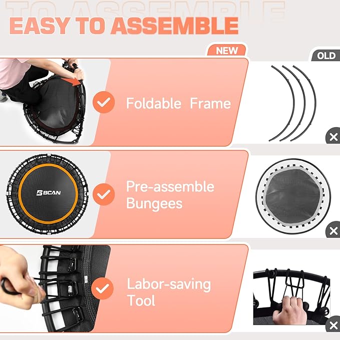 BCAN 40"/48" Rebounder Trampoline for Adult, 450/550LBS Fitness Trampoline with Bungees, Adjustable Handle, Stable & Quiet, Indoor Outdoor, Whole-Body Workout & Relaxation at Home for Women/Men