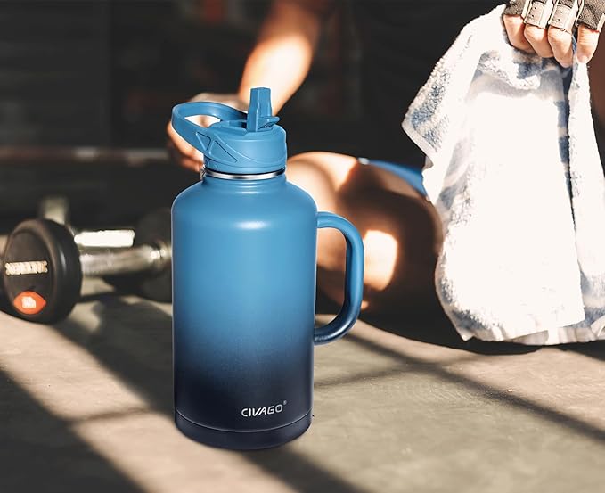CIVAGO 64 oz Insulated Water Bottle Jug with Straw and Handle, Half Gallon Stainless Steel Water Flask, Large Sports Metal Water Bottle with Straw Lid (3 Lids), Big Thermal Mug Cup, Indigo Black
