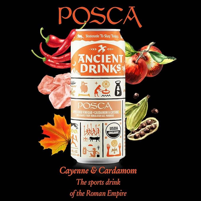 ANCIENT DRINKS Apple Cider Vinegar Beverage with Electrolytes, Vitamins, & Probiotics, Organic, Super-Hydrating Sports Drink - Posca (Cayenne & Cardamom) - 16 fl oz (12 cans)