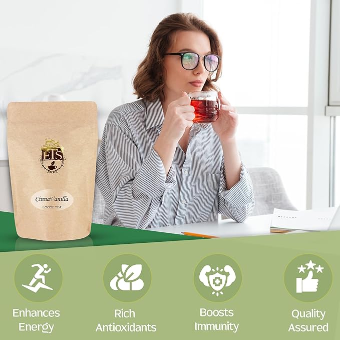 English Tea Store Cinna-Vanilla Flavored Black Tea | Loose Leaf Tea Pouches - 4oz Pouch | Warm Cinnamon and Creamy Vanilla Blend | Ceylon Tea Base | Cozy and Aromatic Cup | Serve Hot or Iced