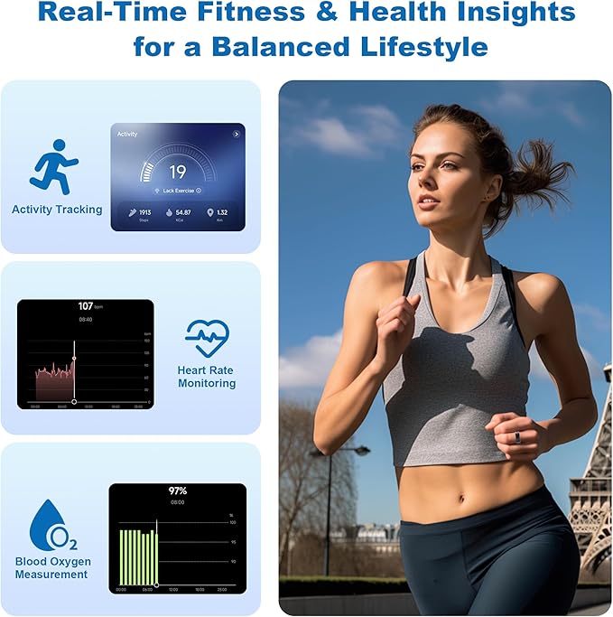 Smart Ring for Women Men - Titanium Health Fitness Tracker Ring with Heart Rate, Step Counting, Calories, Sleep & Stress Monitor for iPhone and Android, No Subscription Fee (Black, 9)