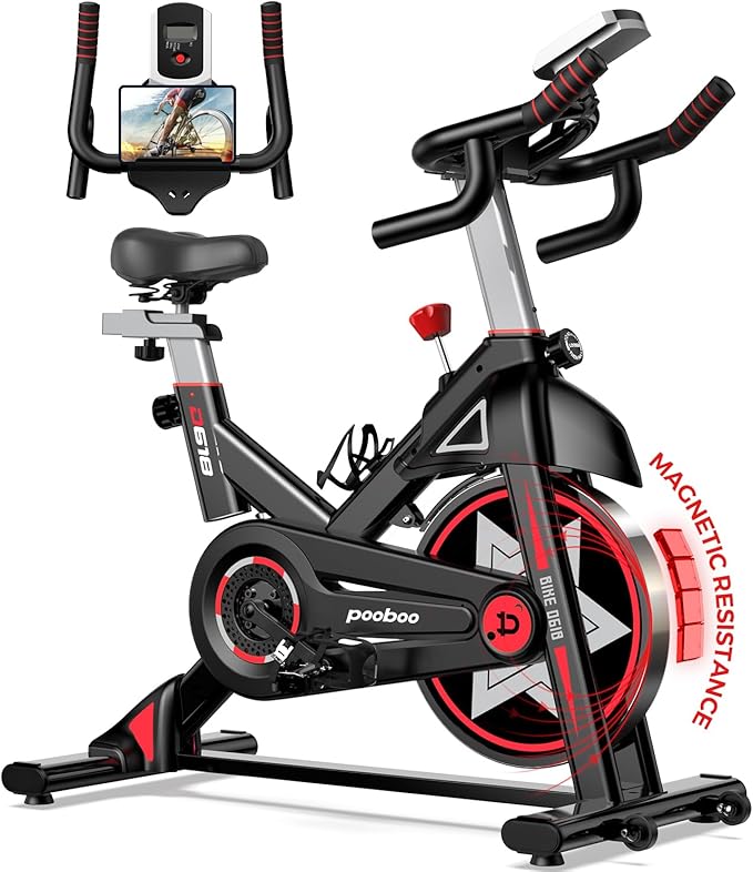 POOBOO Exercise Bike, Stationary Bike for Home Gym, Indoor Cycling Bike w/Comfortable Seat Cushion & Tablet Mount, Silent Belt Drive Indoor Bike for Cardio Workout