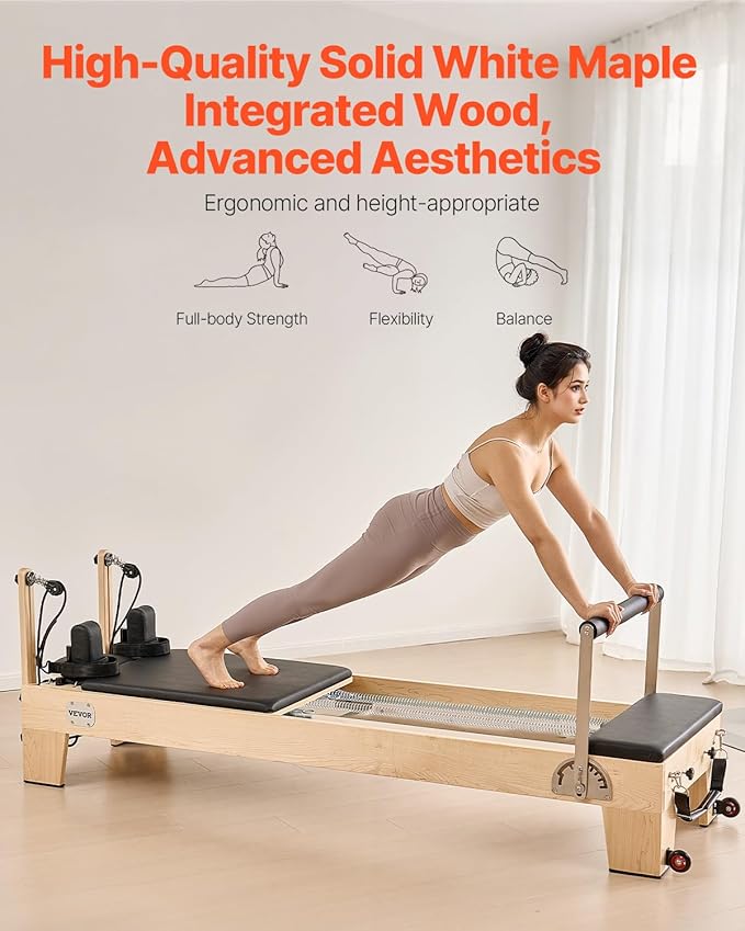 VEVOR Pilates Reformer Machine, Pilates Workout Equipment for Home Gym Studio Use, Pilates Bed with Dual Resistance- Spring & Cord, Reformer Set, Up to 400 LBS