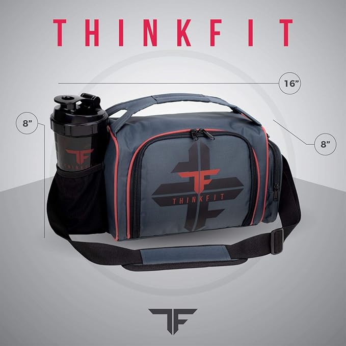 ThinkFit Red Reusable Lunch Bag with 6 Portion Control Containers, 2 XL Ice Packs, Pill Box, and Shoulder Strap - Microwavable and Freezer Safe