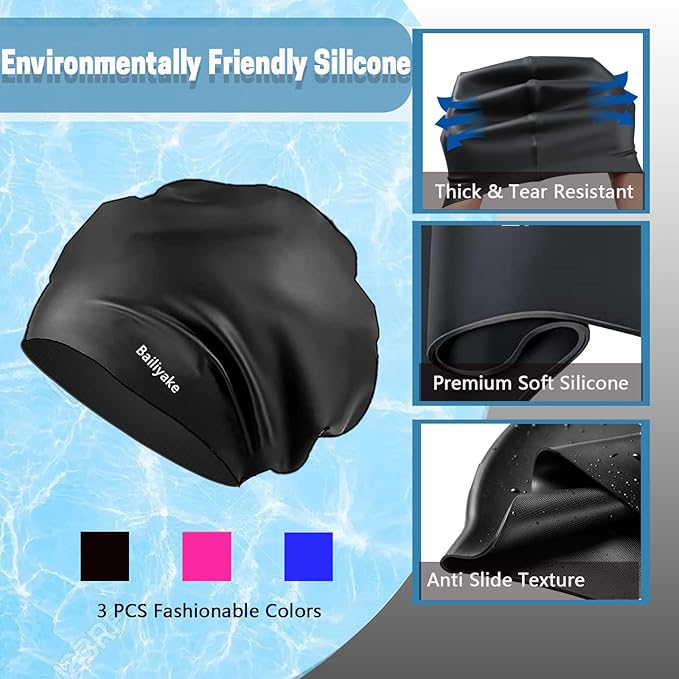 3 Pack Extra Large Swim Cap for Braids & Dreadlocks - Waterproof Silicone Swim Hat for Women with Long Thick Hair, Protective Swim Cap Cover Ears for Swimming, Shower, Bathing