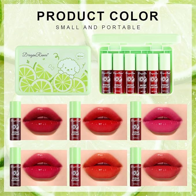 6 Colors lemon Lip Tint Stain Set, Korean Velvet Lip Stain Lip Gloss Lip Tint Stain Mini Liquid Lipstick, Long lasting Waterproof Non-Stick Cup Multi-Use Lip and Cheek Tint, High Pigment, Vivid Color