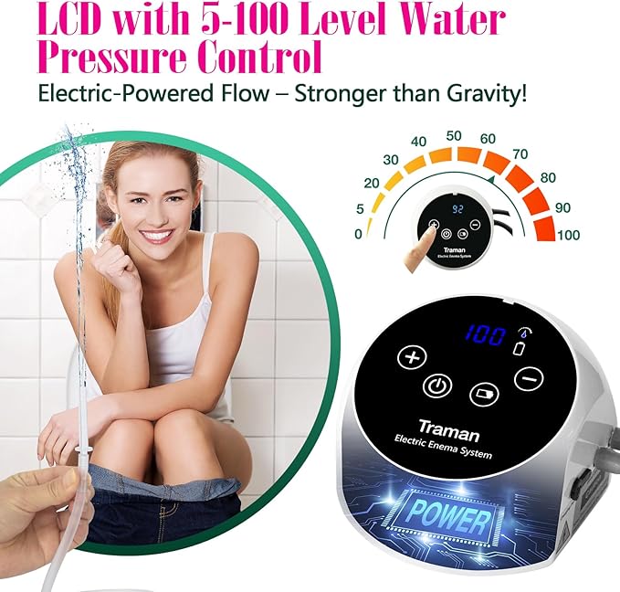 TRAMAN-Enema-Kit, Detox-Enemas for Colon-Cleanse for Women Men, Coffee Enema Coffee-Organic Cleanse Kit, Electric Water Flow Speed Control with LCD Display, Pressure Spray, External Water Supply