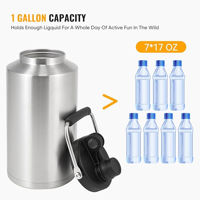 Kerilyn Insulated Gallon Jug with Handle, One Gallon, 128oz Stainless Steel, Large Double Vacuum Water Bottle for Hot & Cold Drinks, Wide Mouth, Sweat Proof, Great for Travel, Camping, Stainless