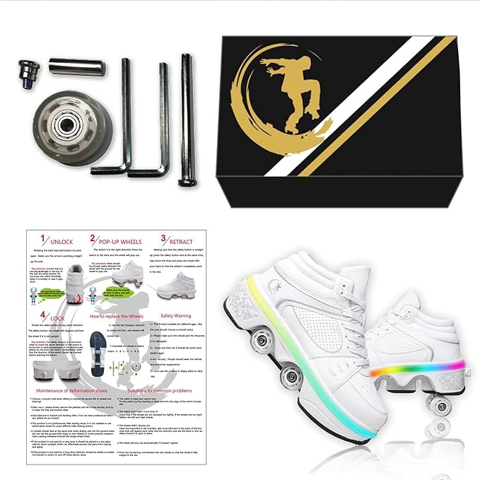 Roller Skate Shoes for Women Four Rounds Children's Roller Skates Shoes That Turn into Rollerskates Sneakers Outdoor Light Shoes with Wheels for Girls/Boys