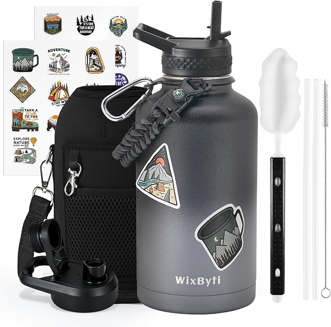64 oz Insulated Water Bottle with Straw (Cold for 48 Hrs), Half Gallon Stainless Steel Triple Wall Vacuum Sports Water Jug, Leakproof Hydro Cup Flask with Straw Spout Lids & DIY Stickers