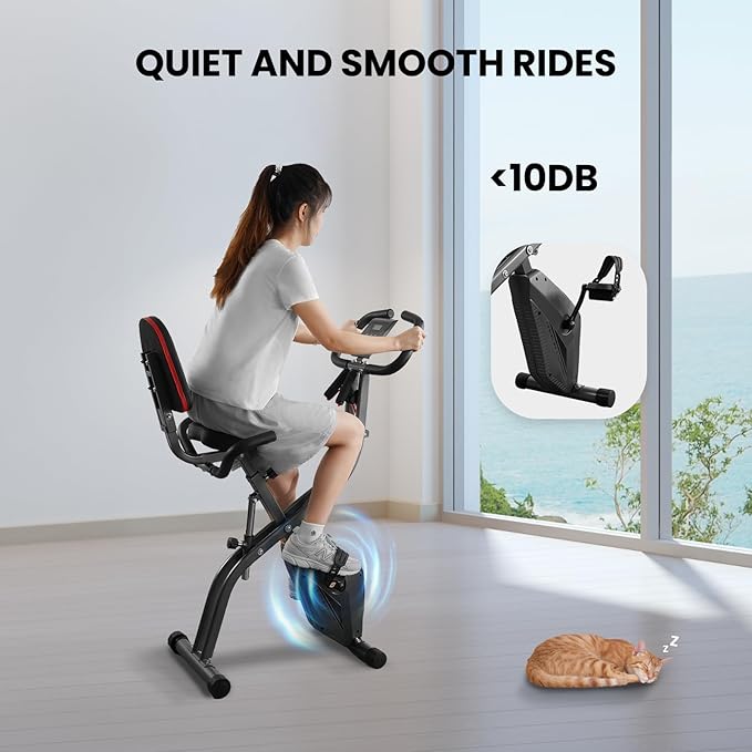 Exercise Bike Stationary Bike Folding Exercise Bike with 10 Level Adjustable Magentic Resistance Support Back Pad and Phone/Tablet Holder Arm Resistance Band Pulse Sensor LCD Monitor for Home Workout 265 LB Capacity