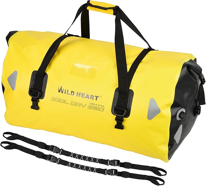 WILD HEART Waterproof Motorcycle Duffel Bag PVC500D Double-bottom With Rope Straps and Inner Pocket 40L 66L 100L for Kayaking, Camping, Boating,Motorcycle