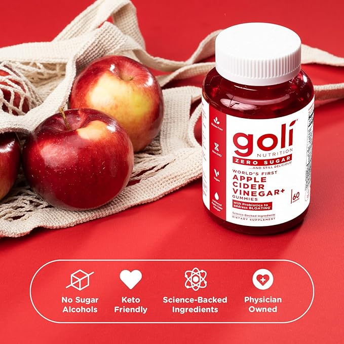 Goli Zero Sugar Apple Cider Vinegar Gummies - Vitamin B12, Probiotics to Address Bloating. No Artificial Sweeteners, No Sugar Alcohols. Vegan, Plant Based, Non-GMO, Gluten-Free & Gelatin Free. (3)