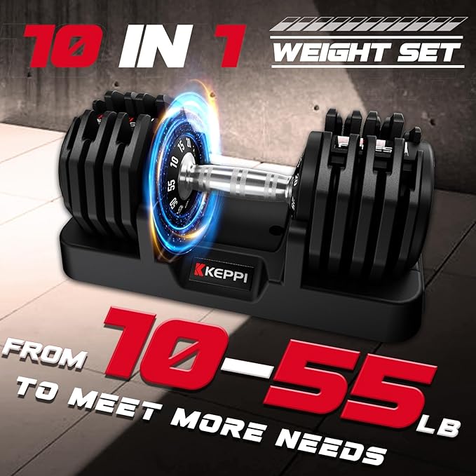 Keppi Adjustable Dumbbells Set-25lb/40lb/55lb/60lb, Anti-Slip Metal Fast Adjust Weight Handle, Exercise & Fitness for Full Body Workout - Adjustable Dumbbell Series