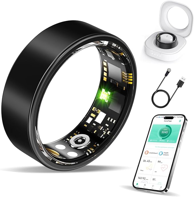 Smart Ring Health Tracker, Fitness Sleep and Heart Rate Monitor Smart Ring, Waterproof Bluetooth Fitness Tracker Ring IPX68 Waterproof (Black, 7)