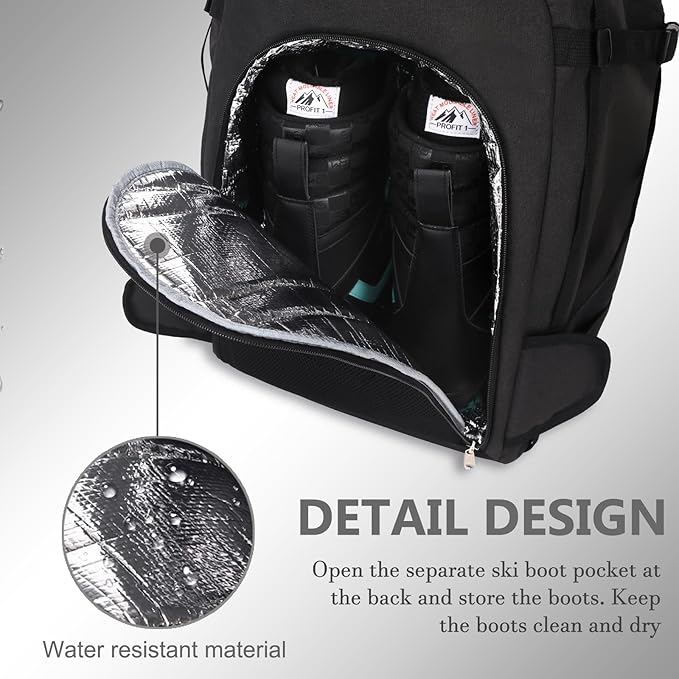 JIANYA Ski Boot Bag, 50L Waterproof Travel Backpack for Snowboard, Ski Helmet, Goggles, Gloves & Accessories, Black