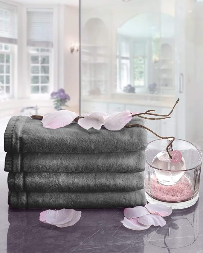 Creative Scents 100% Cotton Velour Fingertip Towels - 4 Pack 11 by 18 Inch – Decorative, Extra Absorbent and Soft Face Towel, Ideal for Bathroom and Powder Room (Gray)