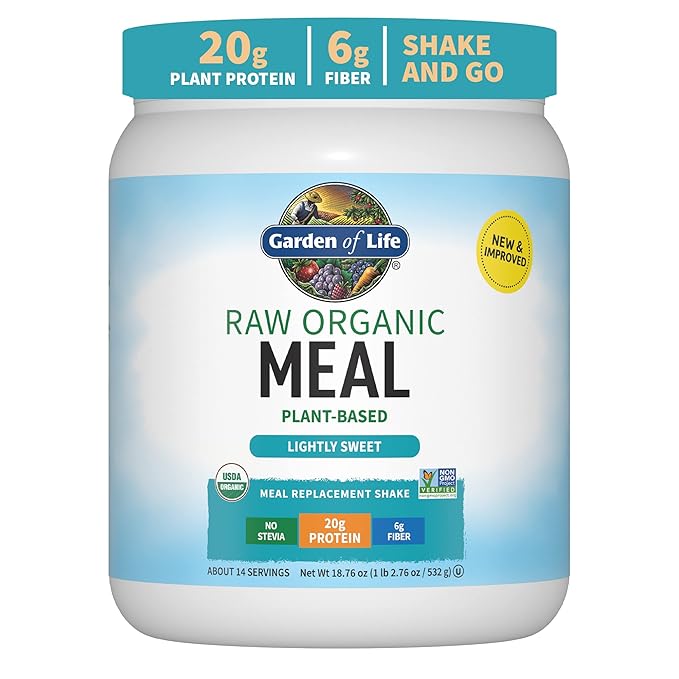 Garden of Life Meal Replacement Shakes, Vegan Protein Powder, Raw Organic Meal, Lightly Sweet Powder with Plant Based Pea Protein, Sprouts, Greens, Probiotics, Dairy Free 14 Servings