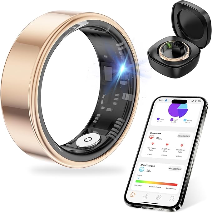 Thin Smart Ring for Fitness & Health Tracking -Heart Rate/Blood Oxygen Monitor, 5ATM Waterproof, Sleep Analysis, Pedometer -No APP Subscription Compatible with Smartphone (Rose Gold, 10)