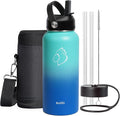 BUZIO Stainless Steel Water Bottle (Cold for 48 Hrs, Hot for 24 Hrs), 32 oz Vacuum Insulated Water Bottle with Straw Lid and Flex Cap (Double Wall, Wide Mouth, BPA Free, Leak Proof), Caribbean Blue