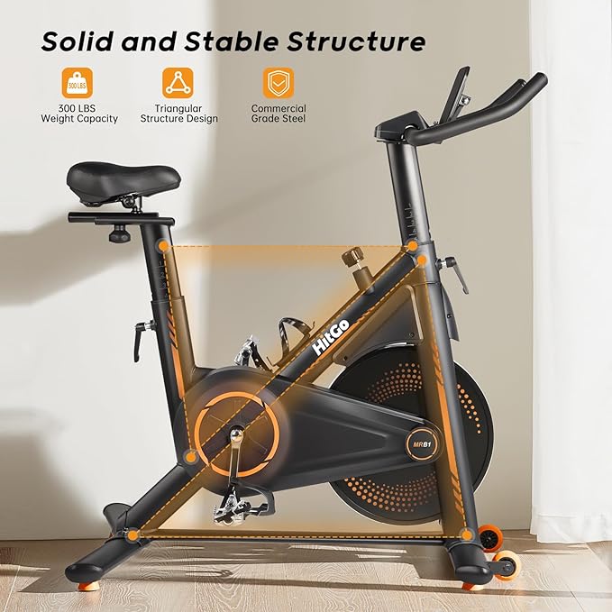 Exercise Bike, Magnetic Resistance/Brake Pad Stationary Bike with Exclusive App, 300lb Weight Capacity Indoor Bike with Soft Seat Cushion, Silent Belt Drive, Heavy Flywheel and LCD Monitor