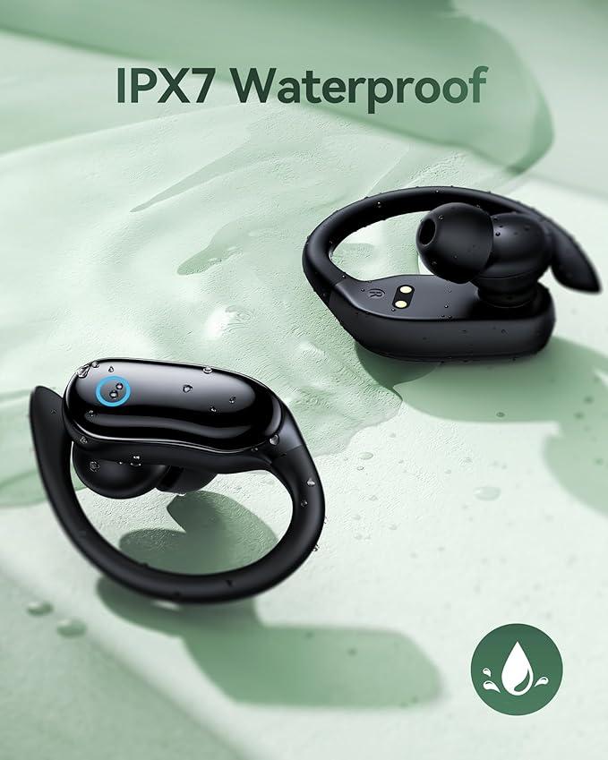 GNMN Active Noise Cancelling Ear Buds Wireless Earbuds 96hrs Playback Bluetooth Headphones IPX7 Waterproof Stereo Bass Over-Ear Earphones with Earhooks Microphone LED Battery Display for Sports/Gym