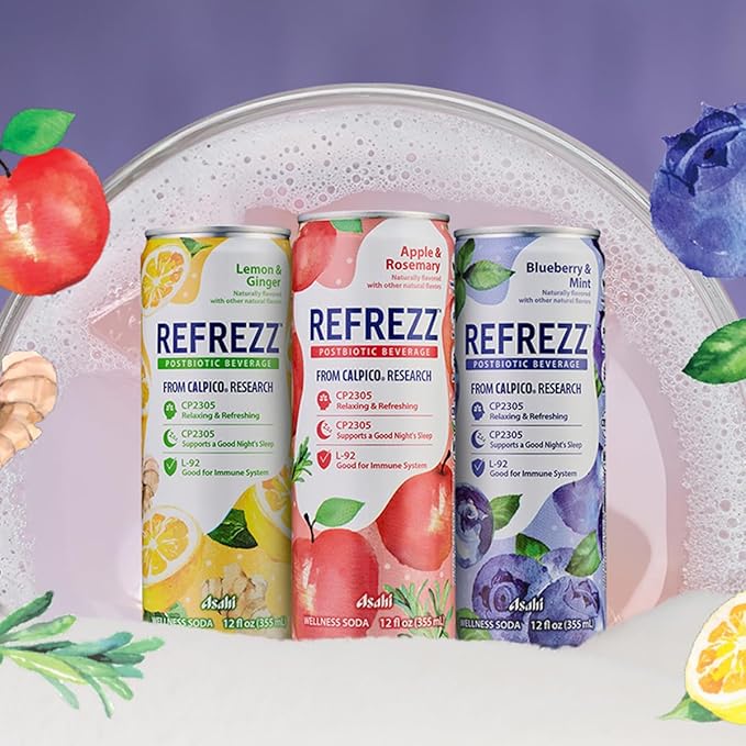 REFREZZ Postbiotic Beverage, Lemon & Ginger, Relaxing and Refreshing, Supports a Good Night's Sleep, Good for Immune System, Gluten Free, Non‑GMO, 35Calories, 12oz (12Cans)