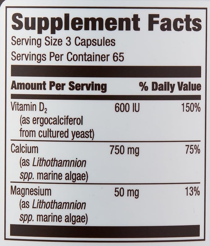 Amazon Elements Calcium Complex with Vitamin D, 250 mg Calcium (3 per Serving), Vegan, 195 Capsules (Packaging May Vary), Supports Strong Bones and Immune Health (Pack of 2)