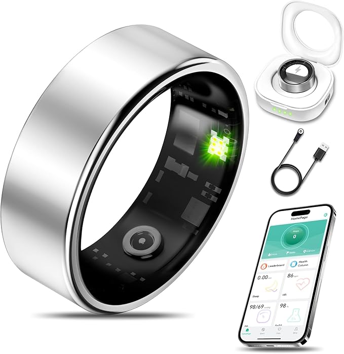 Smart Health Ring for Women Men Fitness Tracker with Heart Rate, Blood Oxygen, Blood Pressure, Sleep Monitoring, Step Counting, IP68 Waterproof for iPhone and Android, No APP Fee, Silver 9