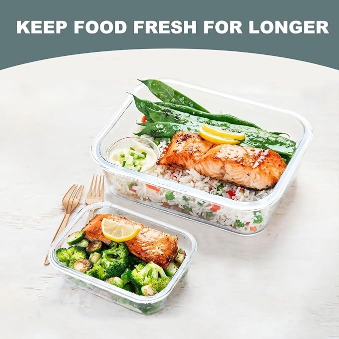 10 Pack Glass Food Storage Containers, Meal Prep Containers with Lids, Airtight Glass Lunch Boxes, Freezer, Oven, and Microwave Safe, White