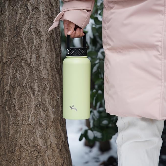 32 oz Insulated Water Bottle Stainless Steel Sport Bottles with 3 Lids,Macaron Green