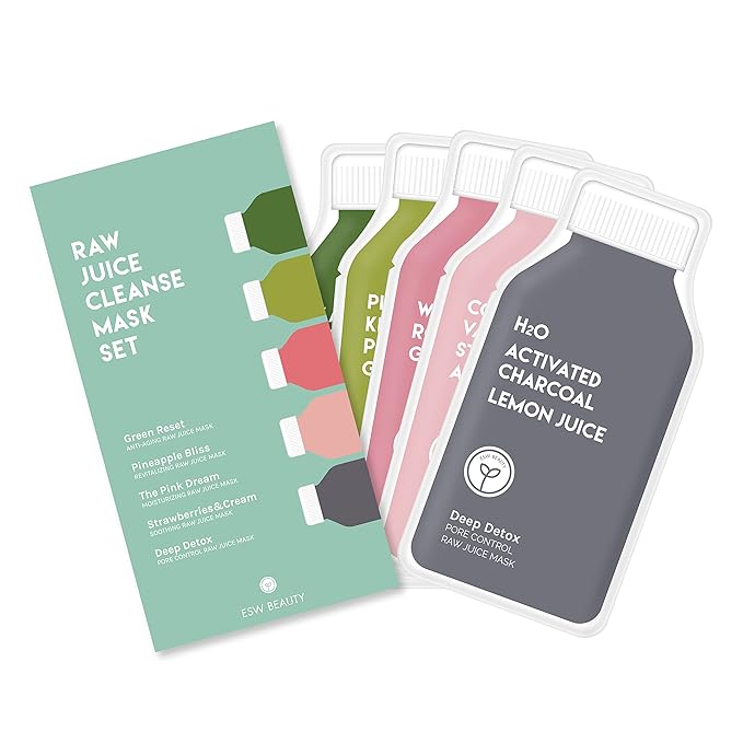 ESW Beauty Raw Juice Face Masks - 10-Pack Variety Set - Hydrating, Anti-Aging, Moisture Repair, Pore Control, Soothing & Revitalizing with Watermelon, Kale & Charcoal