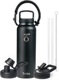 Trebo 40oz Water Bottle Insulated with Lid and Straw,Double Wall Vacuum Stainless Steel Metal Tumbler Sports Flask with Paracord Handle, Keep Hot 24 Hours & Cold 48 Hours Water Jug with 3 Lids, Black
