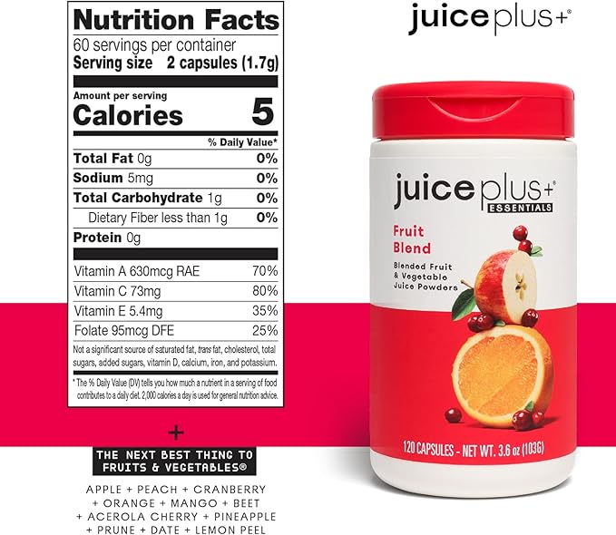 Juice Plus+ Fruit, Vegetable, Berry & Omega Blend Capsules - Nutrition from 30 Fruits, Vegetables & Berries + Plant-Based Omega Fatty Acids - 4 Bottles (60 Servings Each)