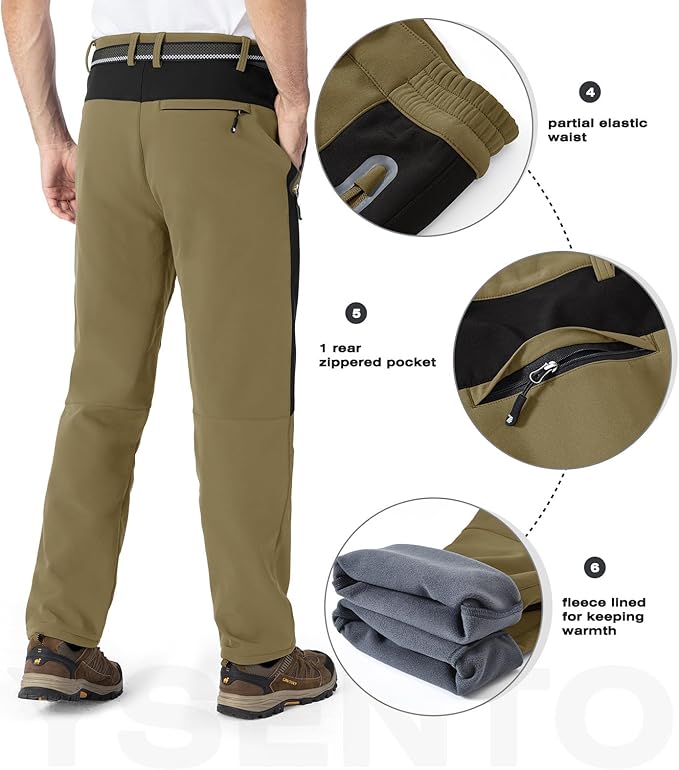 YSENTO Men's Fleece Lined Ski Snow Pants Winter Waterproof Softshell Insulated Hiking Cargo Pants