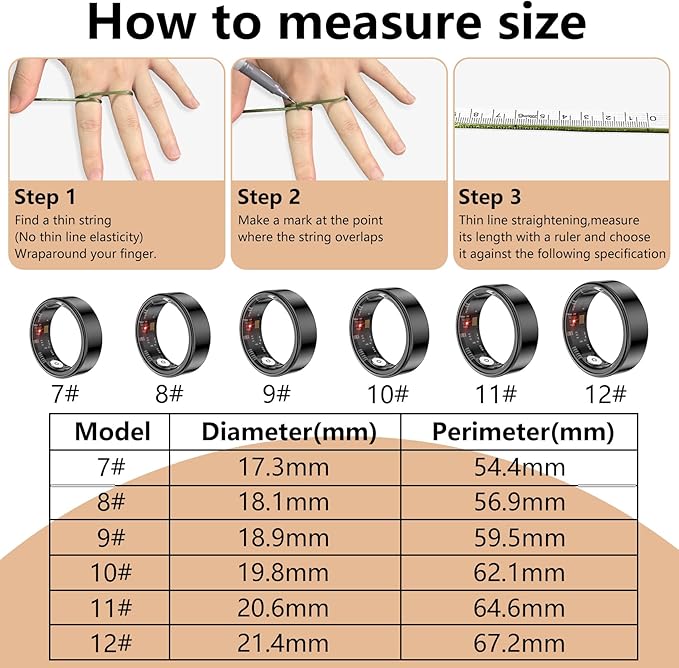 Thin Smart Ring for Fitness & Health Tracking -Heart Rate/Blood Oxygen Monitor, 5ATM Waterproof, Sleep Analysis, Pedometer -No APP Subscription Compatible with Smartphone (Black, 7)