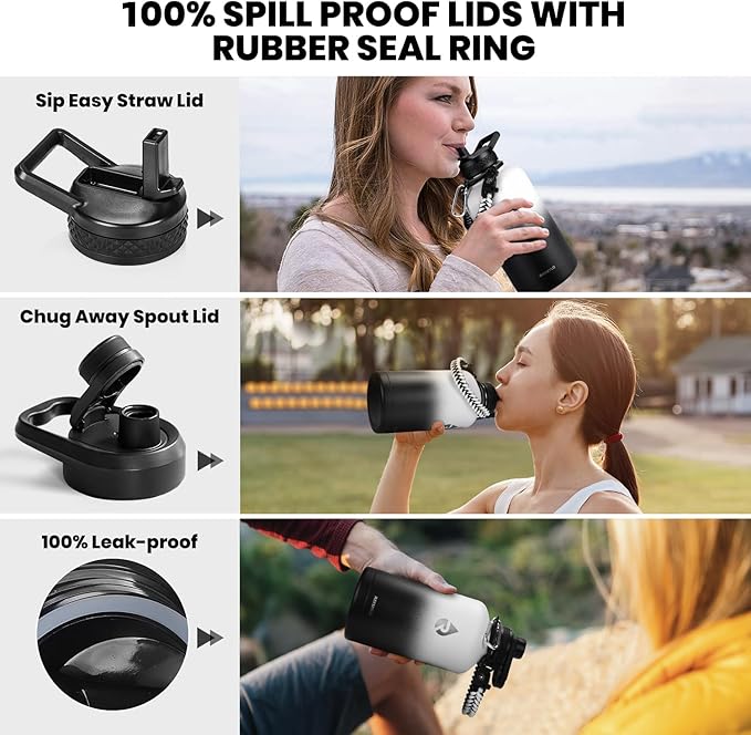 Insulated Water Bottle 64 oz, Triple Wall Vacuum Stainless Steel (Cold for 48 Hrs), Leak Proof & Non-BPA, Half Gallon Water Flask Jug with Paracord Handle & Straw Spout Lids, White/Black