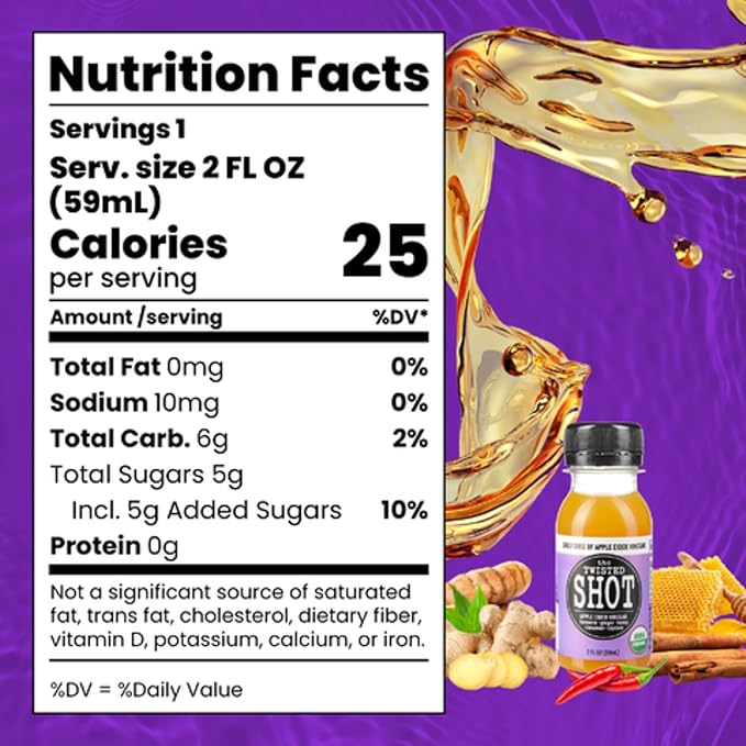 The Twisted Shot | Organic Apple Cider Vinegar Wellness Shots with Ginger, Turmeric, Honey, Cinnamon and Cayenne | Digestion, Immunity and Gut Health Support | Ready to Drink | 48, 2 oz Mini Bottles