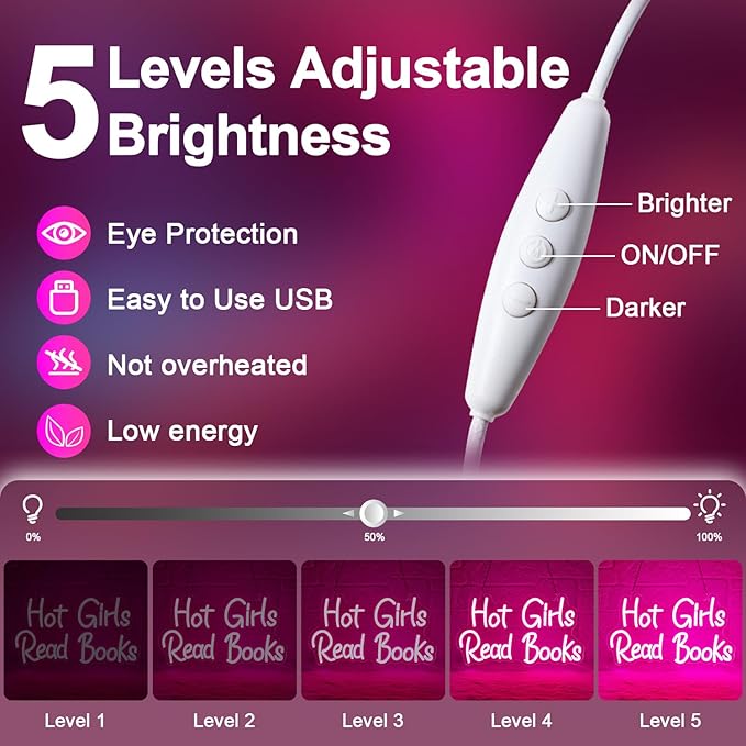 Hot Girls Read Books Neon Sign,Classroom Neon Sign,Pink LED Light Up Wall Sign for Classroom,Girls Bedroom,Dorm Room,Back to School Decor,College Gift,Cute Study Room Led Neon Light