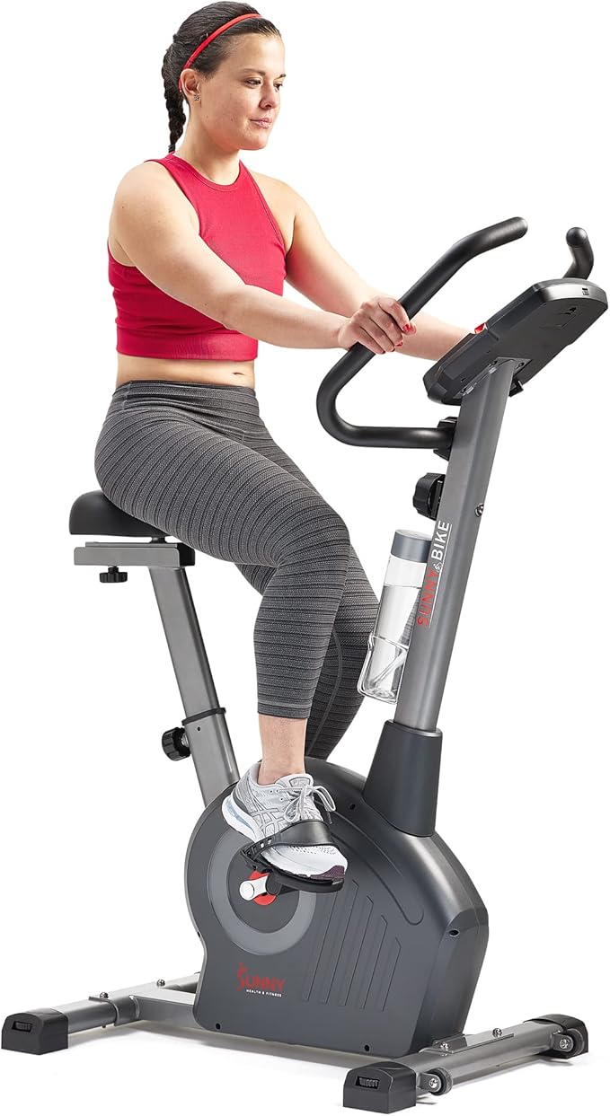Sunny Health & Fitness Smart Stationary Exercise Upright Bike w/Pulse Sensor & 4-Way Adjustable Seat, Cycling Machine for Home Cardio Training, Free SunnyFit App Connection, Optional Resistance Band