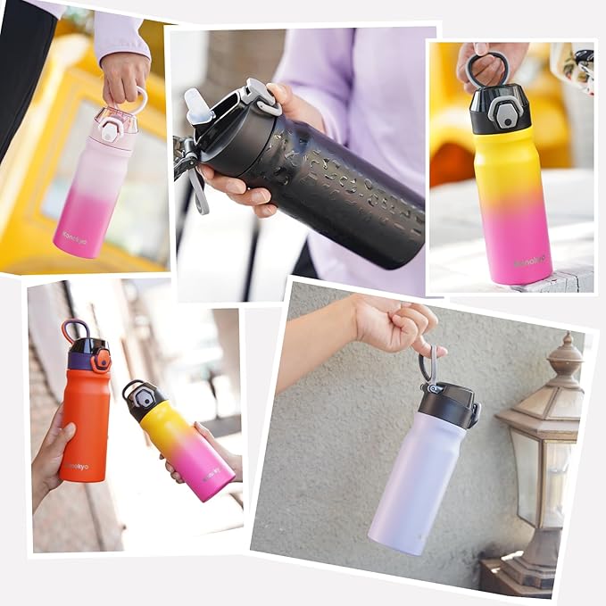 Insulated Water Bottle with Straw and Carry Loop,18 oz Stainless Steel Double Wall Vaccum Metal Water Flask with Leak-proof Lid,Pink