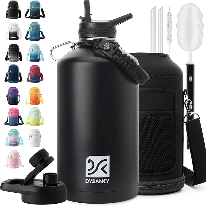 1 Gallon Water Bottle Insulated | Thickened Stainless Steel Vacuum Metal Water Jug | Portable Sports Large for Gym and Hiking with Straw, Carrier Bag, Handle Strap | BPA-Free 128 oz