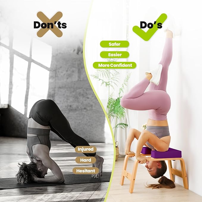 Yoga Headstand Bench, Stand Yoga Chair for Balance Training, Core Strength Building, Upside Down Chair for Relaxation, Handstand Trainer Inversion Chair for Home Gym (Wood Purple)