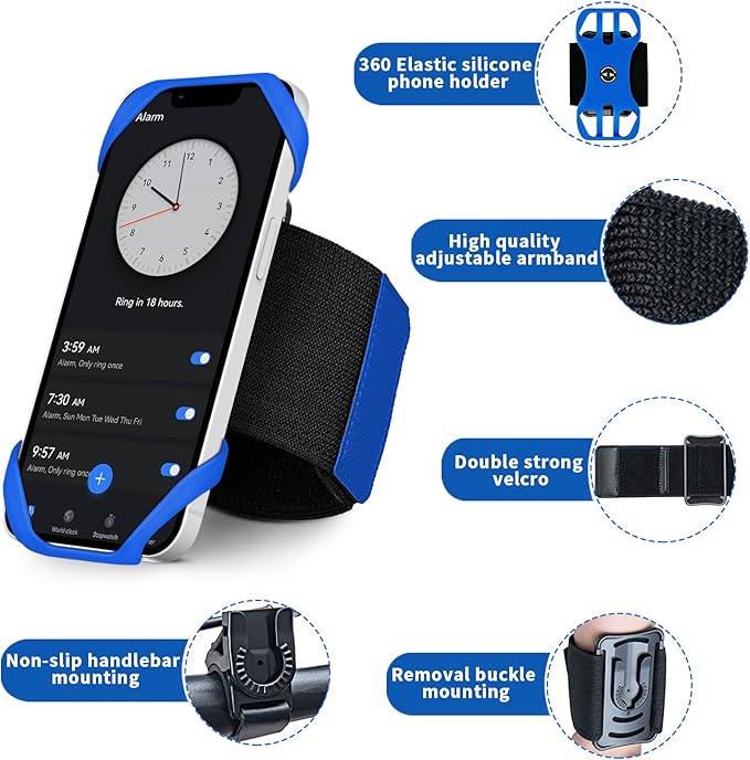 3in1 Phone Holder for Running,Arm Band/Wrist Holder/Bike Mount,Phone Armbands 360° Rotation & Detachable Fit All 4.5-7" Cellphone for iPhone 16/15/Pro/ProMax/14/13/12/mini/Pro Max/XS/XR