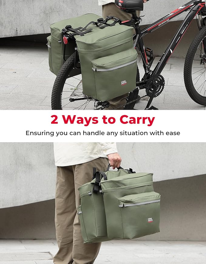 KEMIMOTO Bike Bag Panniers with Rain Cover, 34L Waterproof Bicycle Saddle Bag for Rear Rack Mountain Biking Bags Storage, Ebike Accessories for Commuter Grocery Shopping Travel Carrier, Green