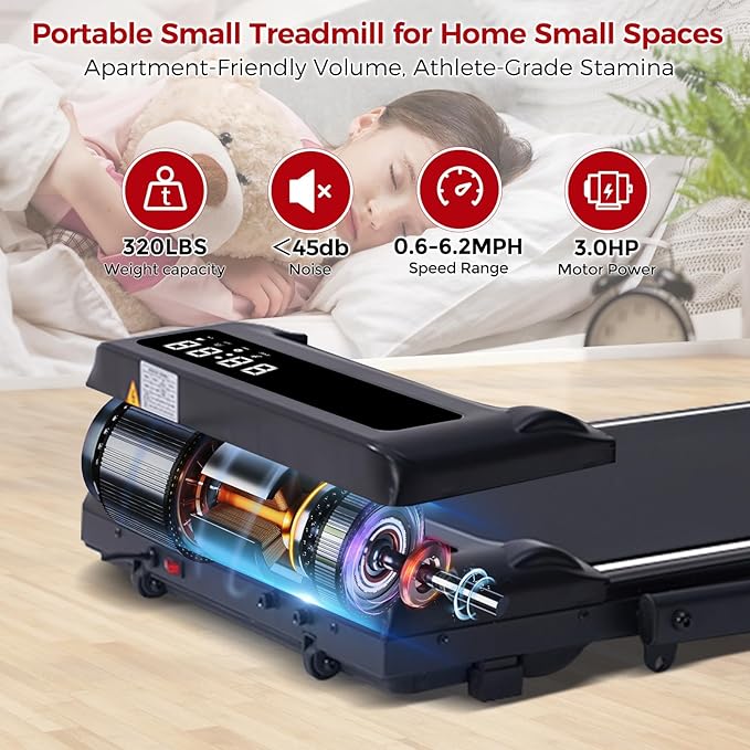 Walking Pad with Handle Bar, 3.0HP Compact Portable Walking Pad Treadmills for Home Small with Handles, 0.6-6.2MPH Electric Small Under The Desk Treadmill for Small Space, 320LBS
