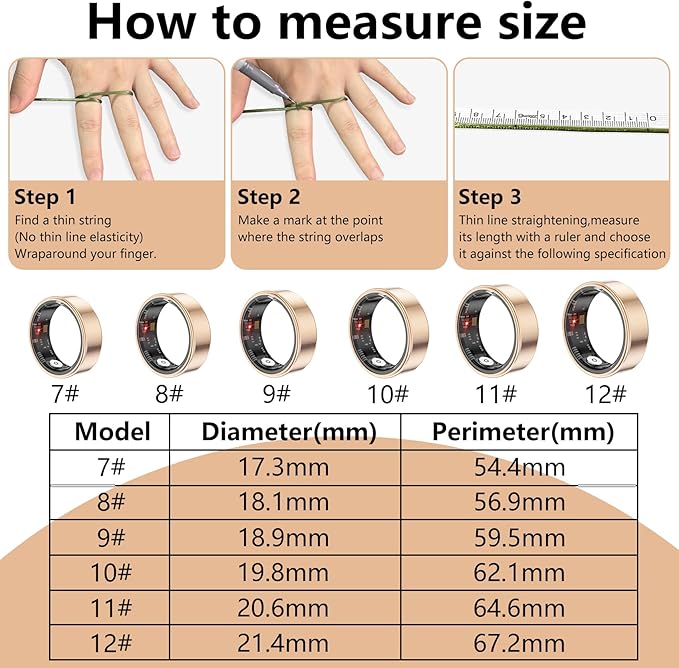 Thin Smart Ring for Fitness & Health Tracking -Heart Rate/Blood Oxygen Monitor, 5ATM Waterproof, Sleep Analysis, Pedometer -No APP Subscription Compatible with Smartphone (Rose Gold, 12)