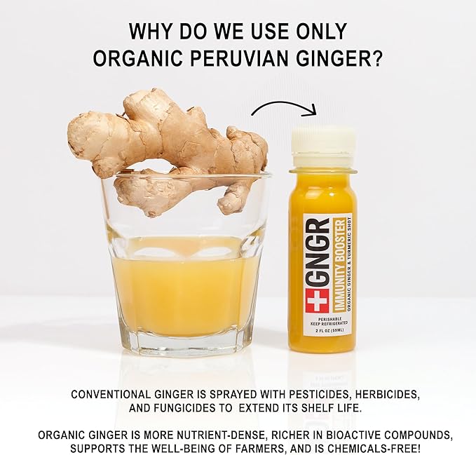 '+GNGR Immunity Booster Organic Ginger and Turmeric Shot - Cold Pressed Ginger Shots with Turmeric, Cayenne Pepper, Orange, Lemon for All Natural Immune & Digestive Support (2 Oz, Pack of 12)